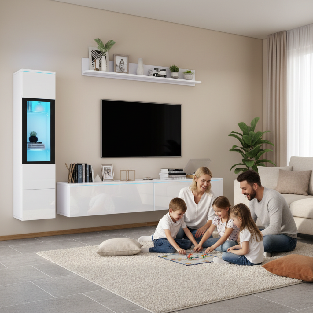 3-Piece TV Wall Unit Set with LED Lights - High Gloss White Living Room Furniture