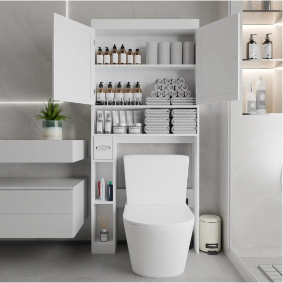 Over The Toilet Storage Cabinet with 2 Doors - Farmhouse Style Space Saving Bathroom Rack