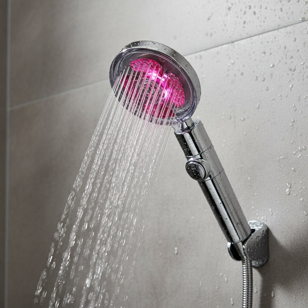 Handheld shower head with pink interior on a white background
