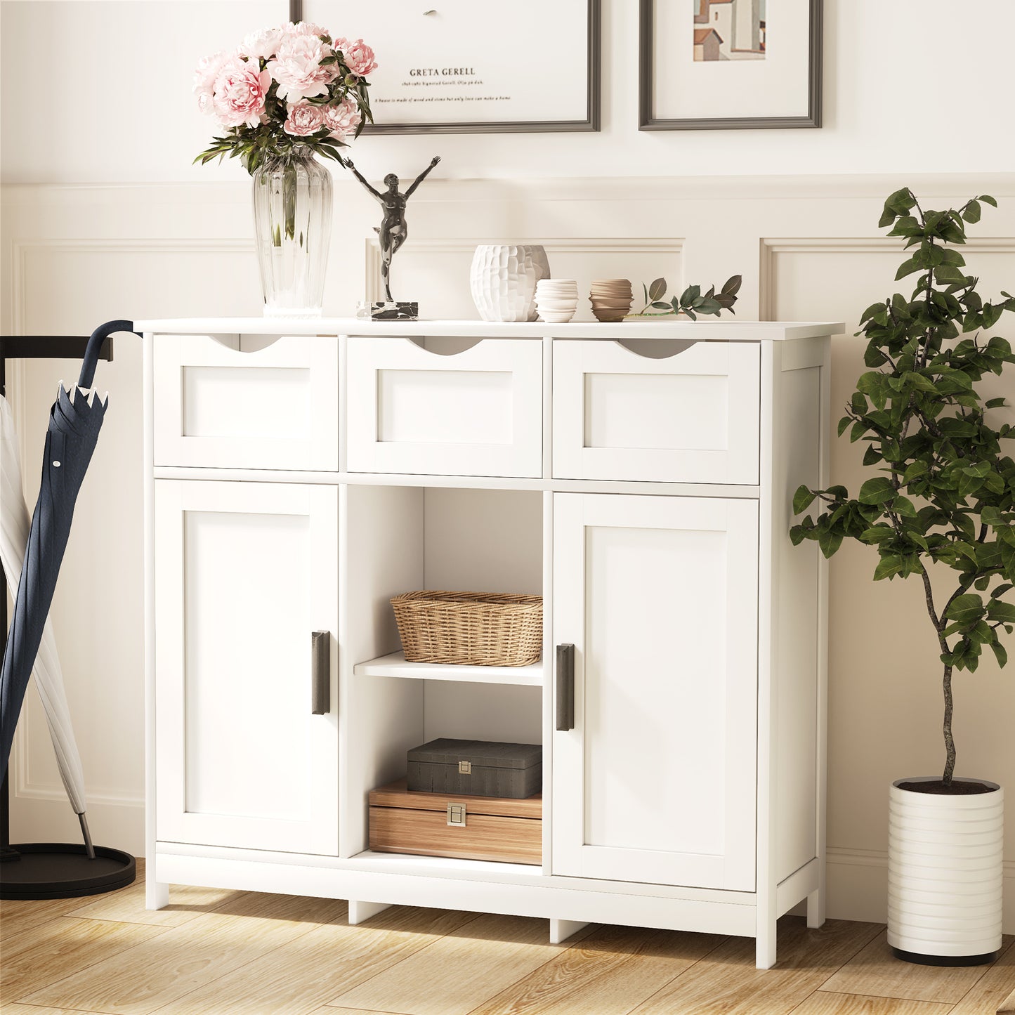 White Storage Cabinet with Drawers & Shelves - Multifunctional Home Furniture