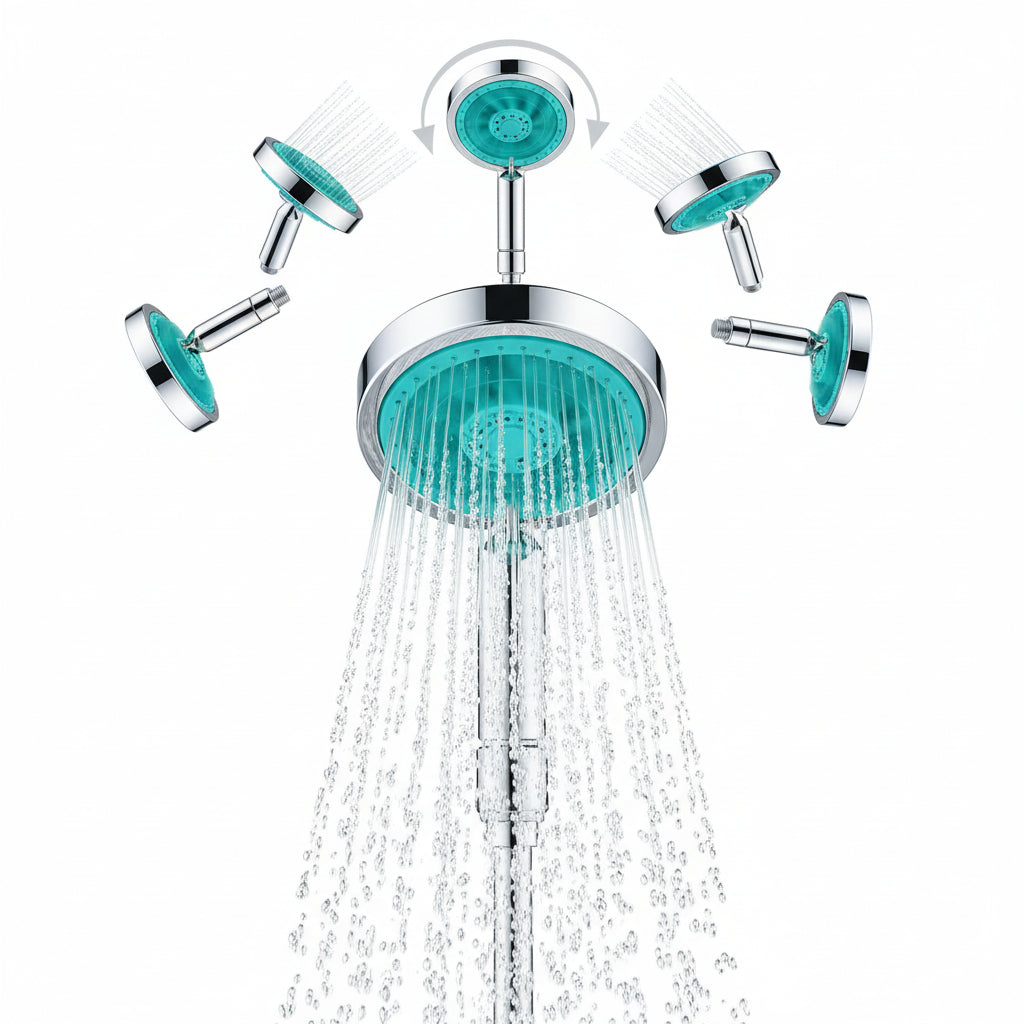 Handheld shower with multiple nozzles and water flow features on a white background