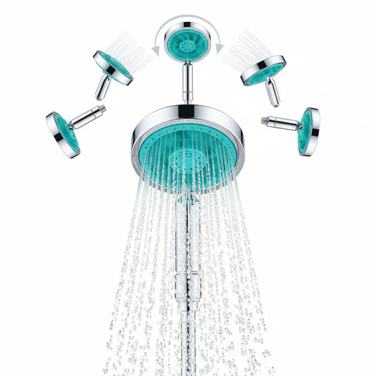 Handheld shower with multiple nozzles and water flow features on a white background