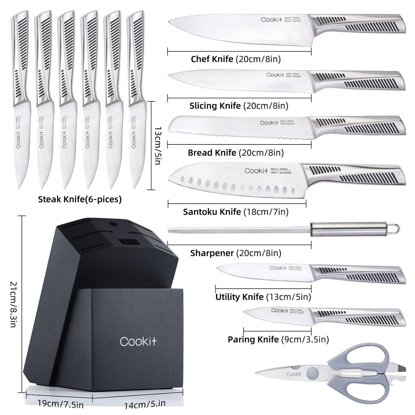 Kitchen Knife Set 15 Piece with Block - German Stainless Steel Chef Knives