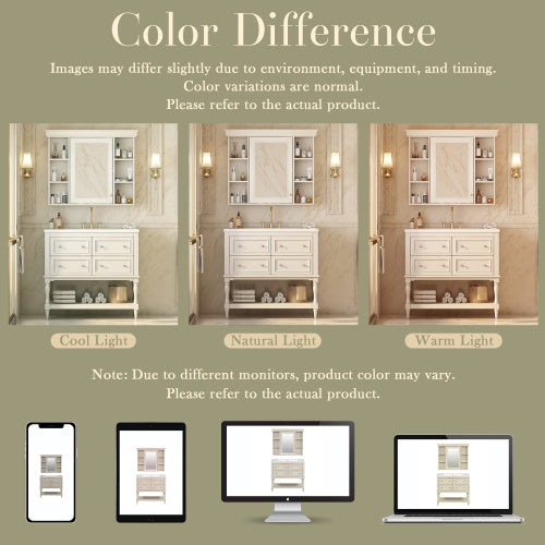 36" Bathroom Vanity with Medicine Cabinet - Luxury Beige Storage Cabinet with 4 Drawers