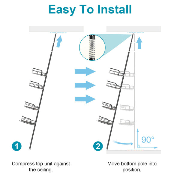 Corner Shower Caddy Tension Pole - 4-Tier Adjustable Shelf (Drill Free)
