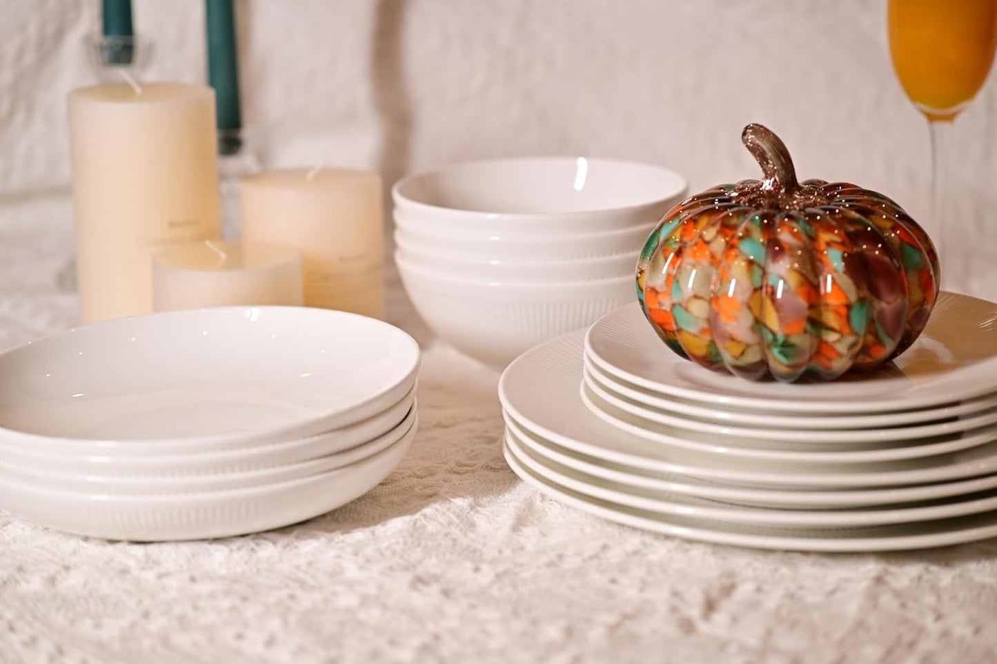 Dandilion Bone China Dinnerware Set - 16 Pieces Service for 4 (Ivory White)