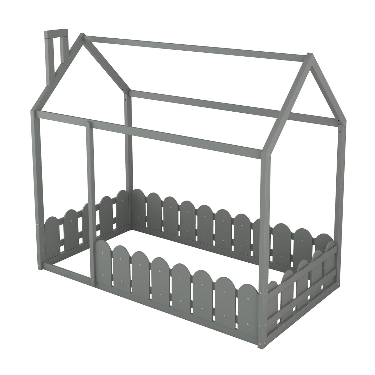 White Twin House Bed Frame with Fence for Kids & Teens - No Slats Required