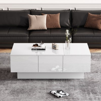 High Gloss Coffee Table with Storage - Modern White Living Room Table with 2 Drawers