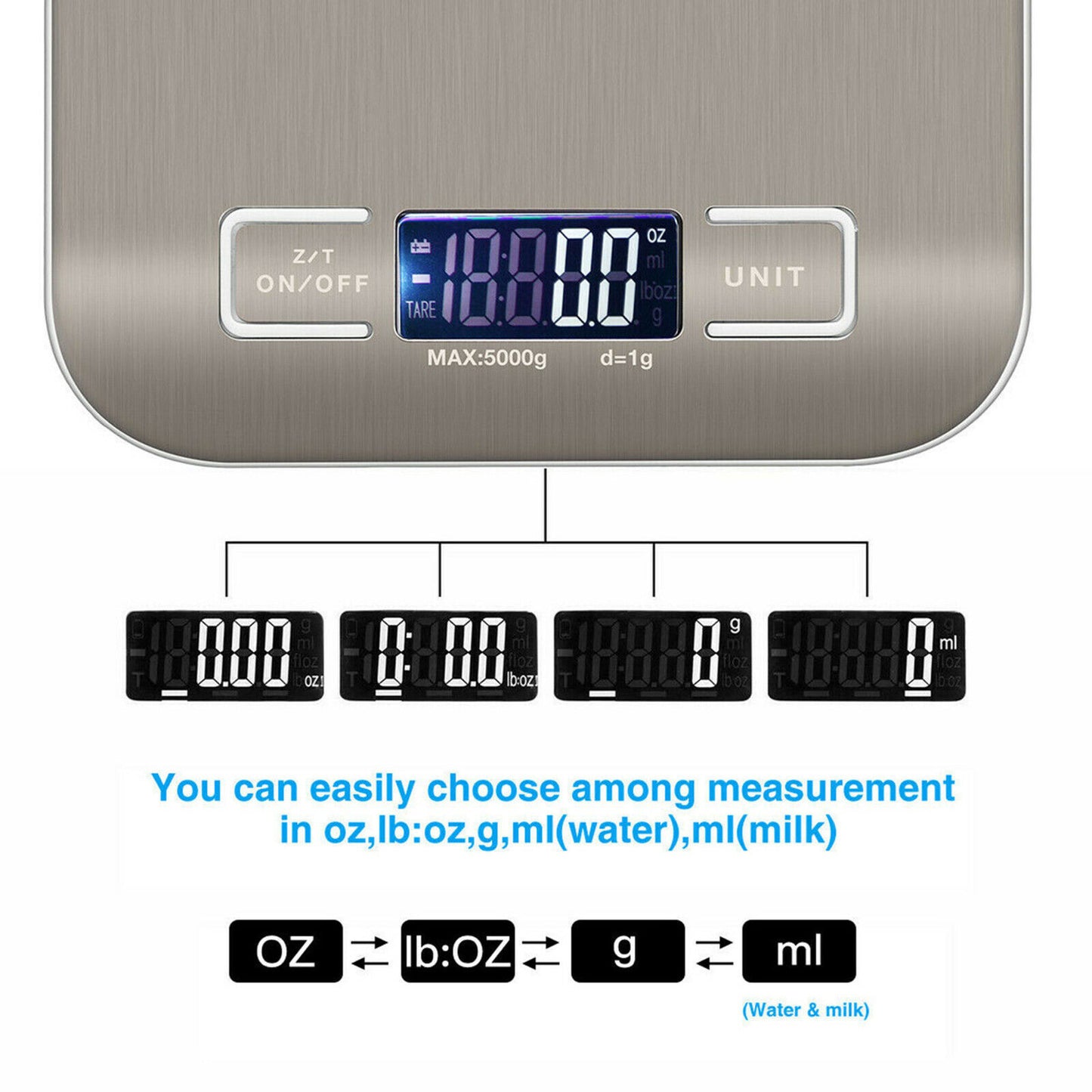 Digital Kitchen Scale 5kg - Stainless Steel Food Weight Scale with LCD Display