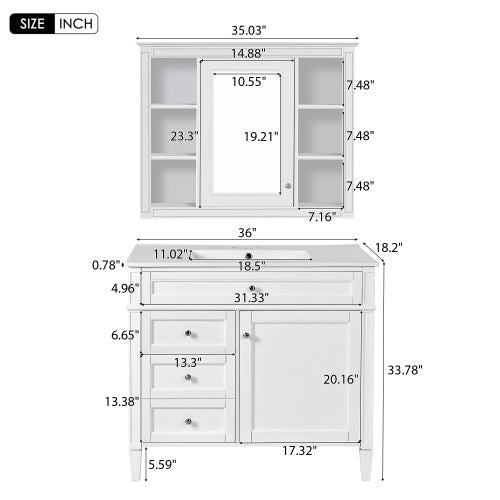 36" Bathroom Vanity with Medicine Cabinet - Modern Storage Cabinet with Soft-Close Doors