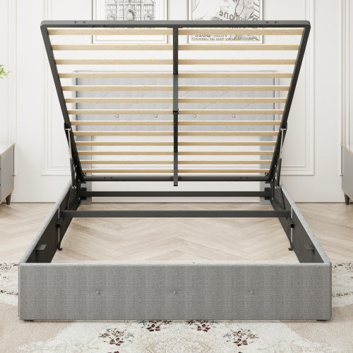 Queen Bed Frame with Lift-Up Storage - Modern Wingback Headboard with USB Ports