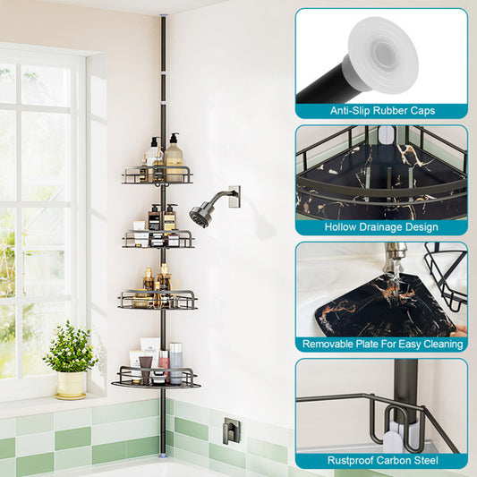 Corner Shower Caddy Tension Pole - 4-Tier Adjustable Shelf (Drill Free)