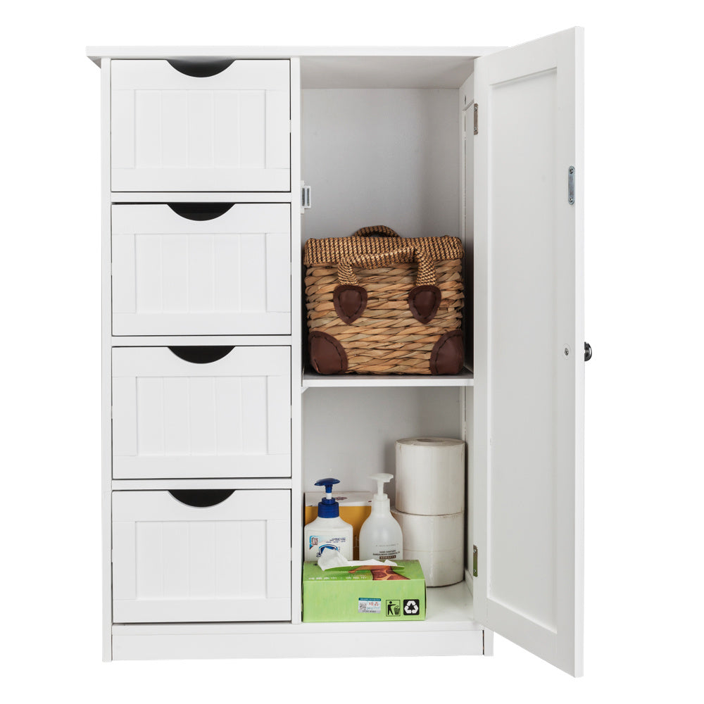 4-Drawer Single Door Bathroom Storage Cabinet - White Floor Standing Cabinet