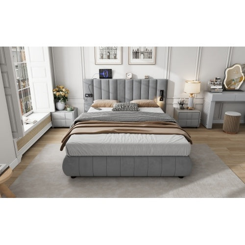 Grey Velvet King Bed with Stereo, LED Lights & USB Charging - 150x200cm