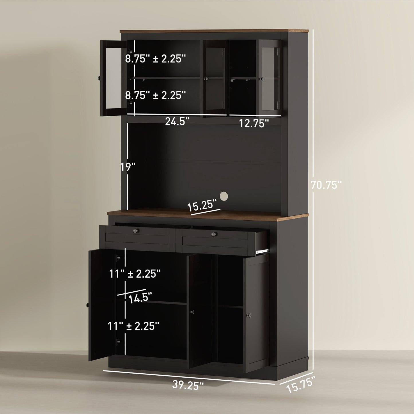 71" Kitchen Pantry Cabinet with Microwave Stand - Black Hutch with 2 Drawers