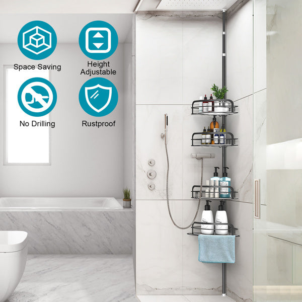 Corner Shower Caddy Tension Pole - 4-Tier Adjustable Shelf (Drill Free)