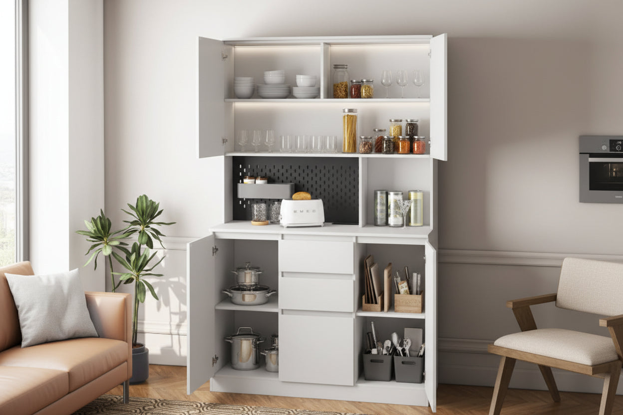 74" Kitchen Storage Cabinet with Charging Station - Modern Buffet with Microwave Rack