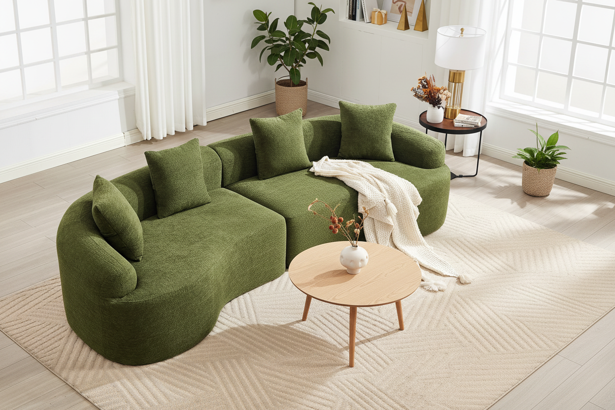 Curved green sofa in Scandinavian living room