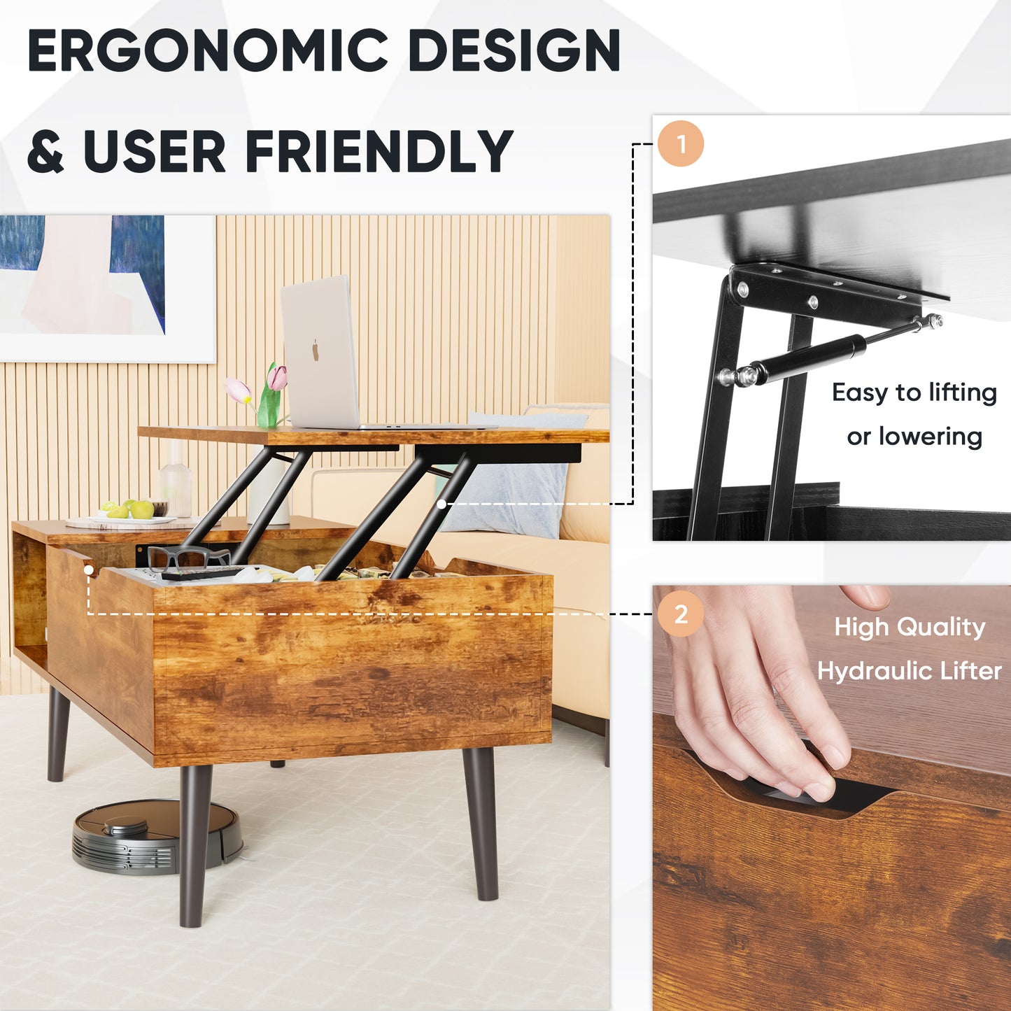 Lift Top Coffee Table with Hidden Storage - Modern Living Room Table