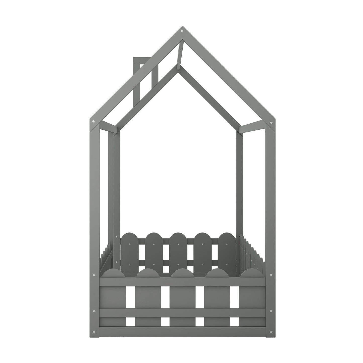 White Twin House Bed Frame with Fence for Kids & Teens - No Slats Required