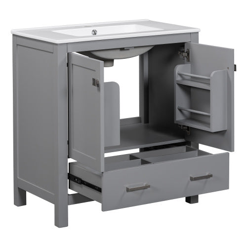 30" Gray Bathroom Vanity with Single Sink - Combo Cabinet with Soft-Close Doors
