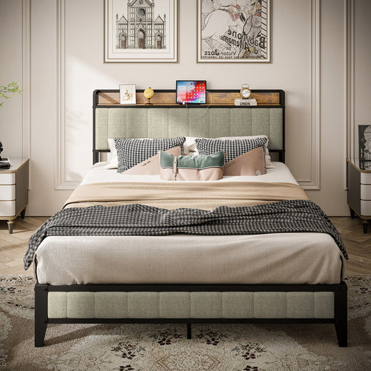 Grey Queen Bed Frame with Charging Station - Upholstered Metal Platform Bed