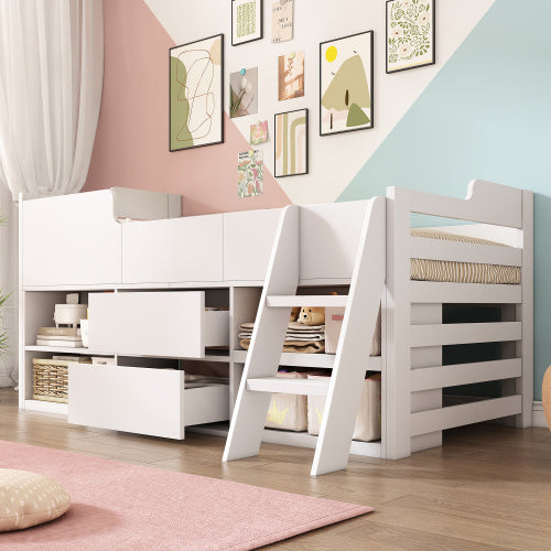 White Cabin Mid Sleeper Bed with Storage - 3FT Single Kids Bed with Drawers & Shelf