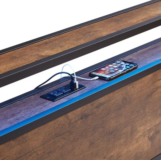 King Size Metal Platform Bed with Wooden Headboard, Footboard & USB Ports
