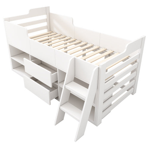 White Cabin Mid Sleeper Bed with Storage - 3FT Single Kids Bed with Drawers & Shelf