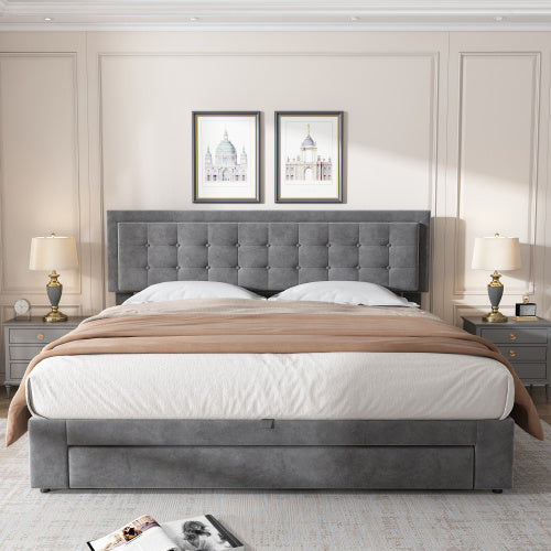 Super King Bed Frame Grey Velvet - 6ft Upholstered Bed with Storage (180x200cm)