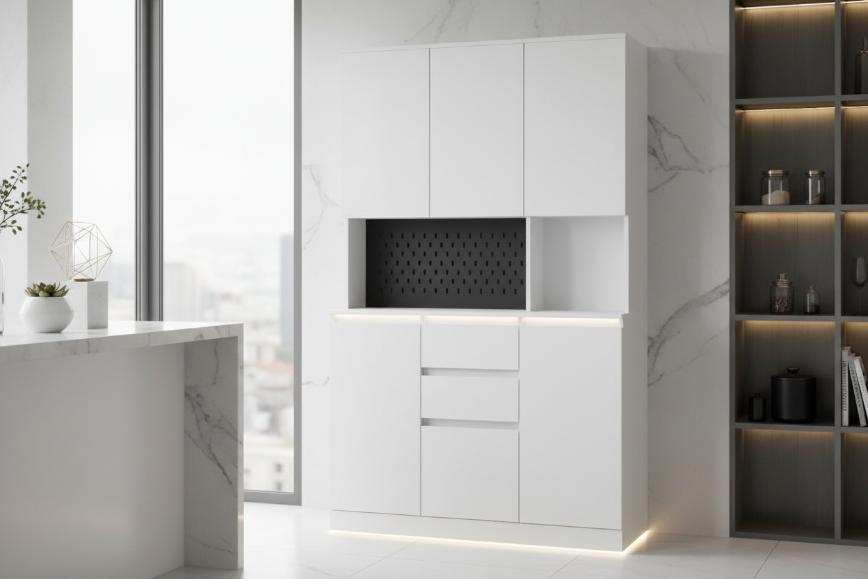 74" Kitchen Storage Cabinet with Charging Station - Modern Buffet with Microwave Rack