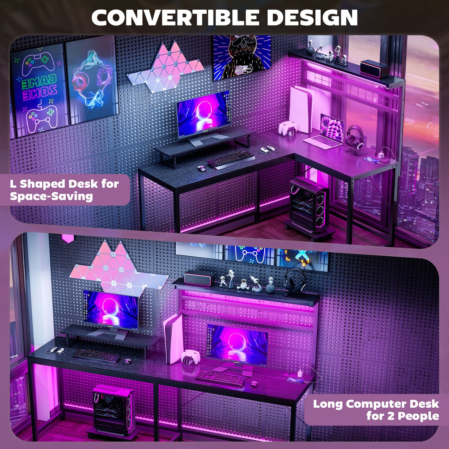 L-Shaped Gaming Desk with RGB LED Lights & Power Outlets - 61.6" Ultimate Gaming Station