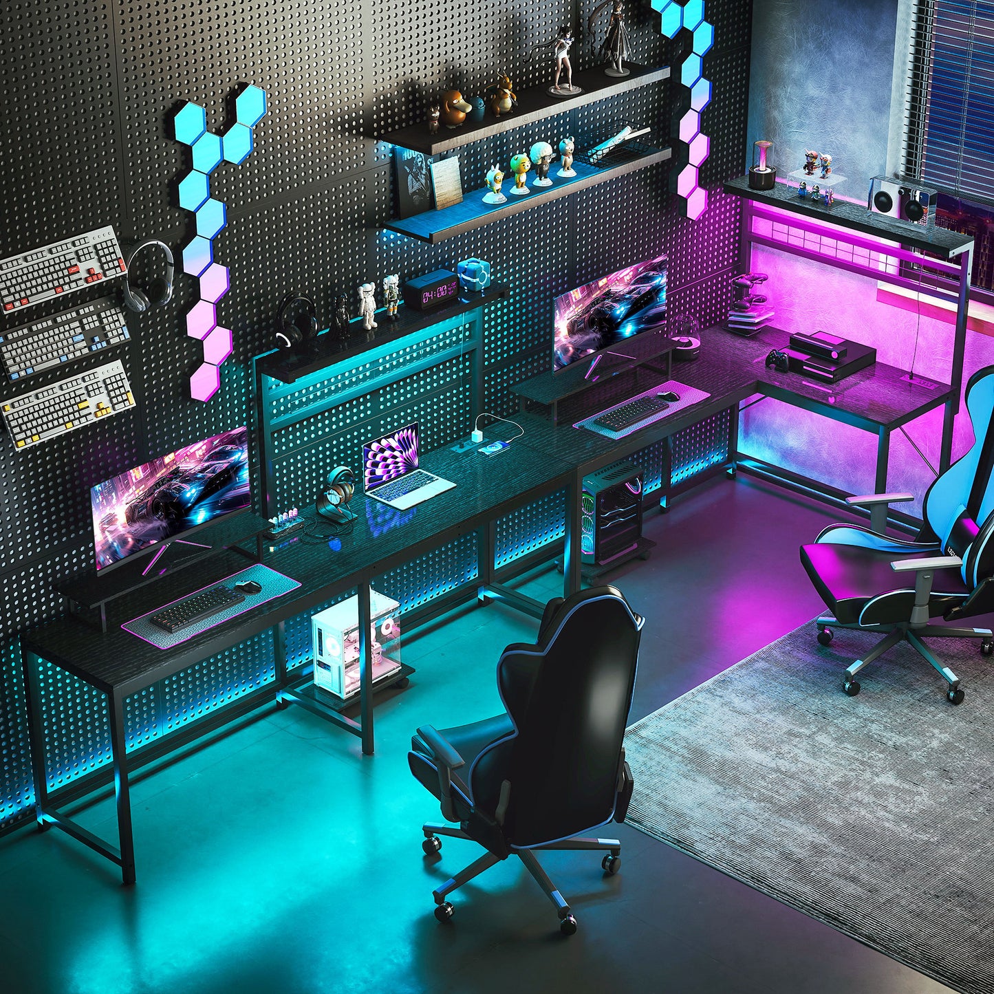 L-Shaped Gaming Desk with RGB LED Lights & Power Outlets - 61.6" Ultimate Gaming Station