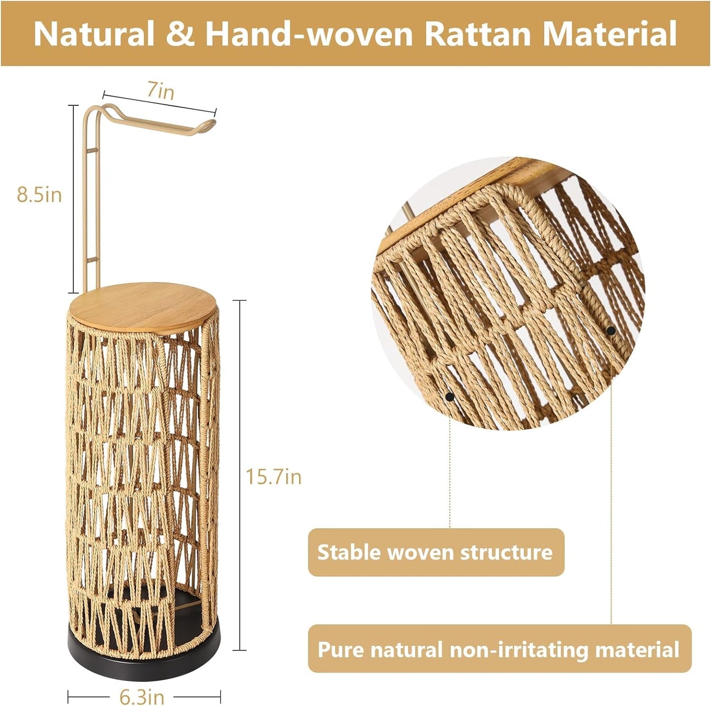 Freestanding Toilet Paper Holder with Storage - Handmade Woven Rattan Stand (3 Rolls)