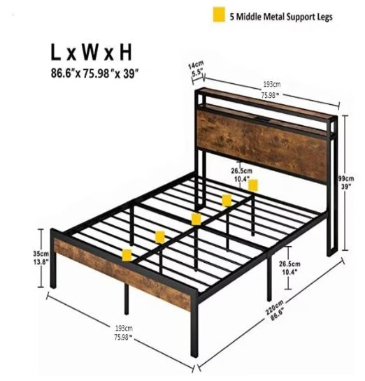 King Size Metal Platform Bed Frame with Wooden Headboard & USB Charging