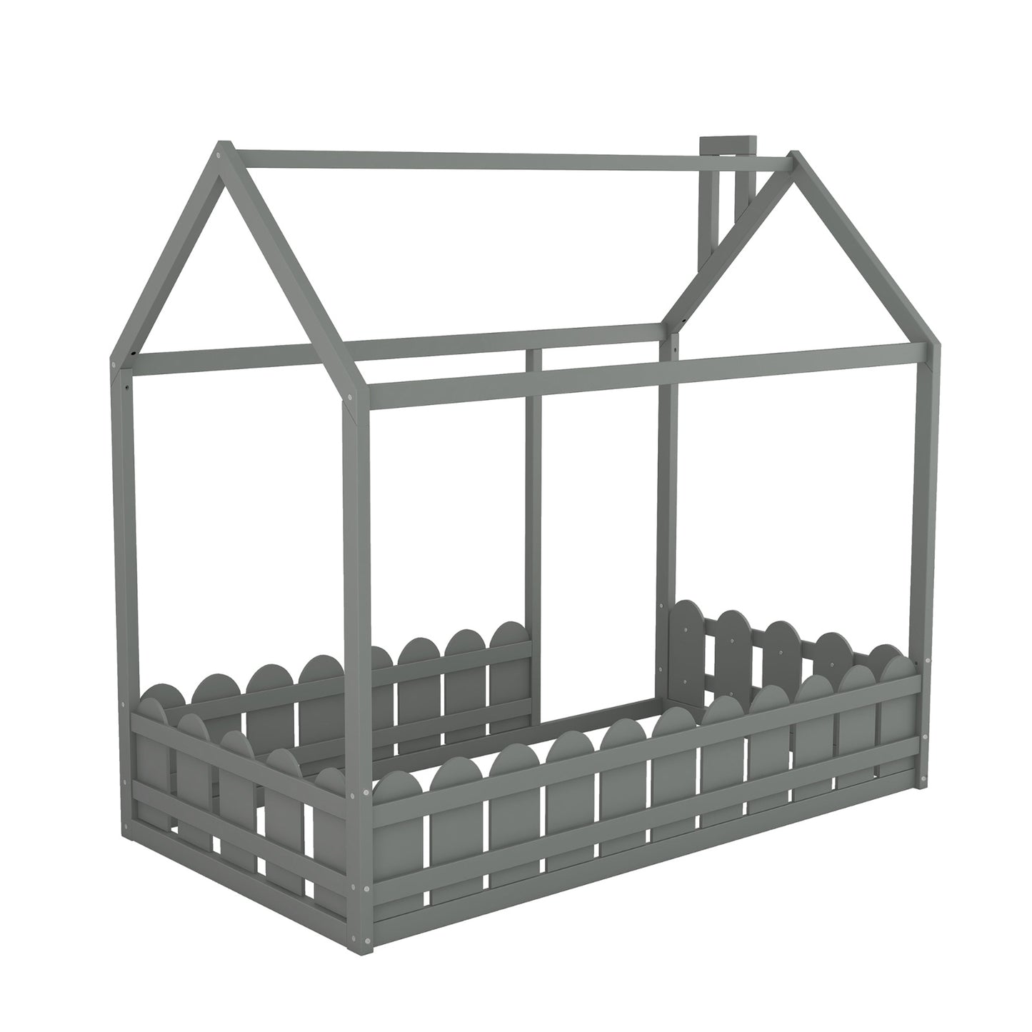 White Twin House Bed Frame with Fence for Kids & Teens - No Slats Required