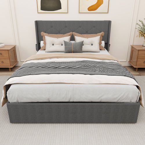 Queen Bed Frame with Lift-Up Storage - Modern Wingback Headboard with USB Ports