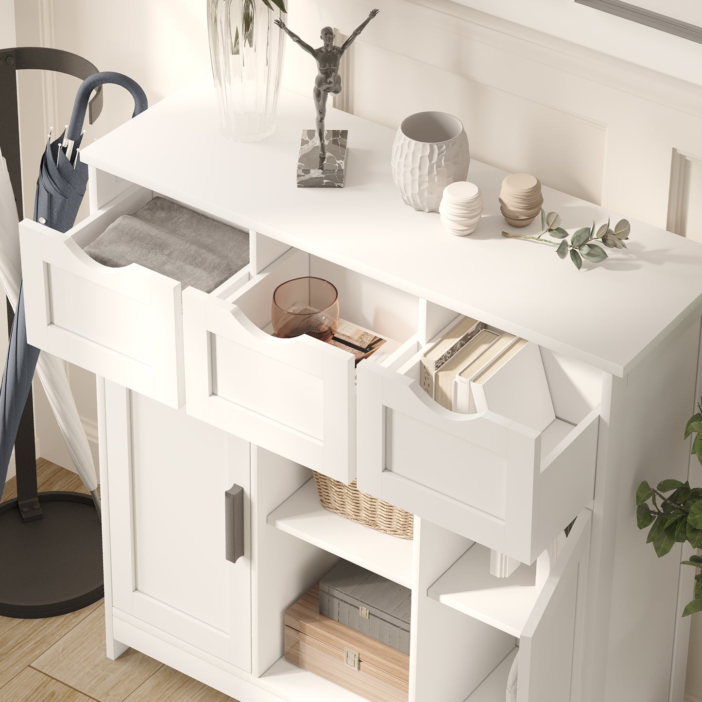 White Storage Cabinet with Drawers & Shelves - Multifunctional Home Furniture
