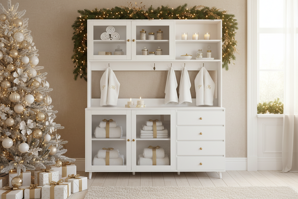63" Large Kitchen Hutch Cabinet - Freestanding Pantry with 4 Doors, 4 Drawers & Microwave Shelf
