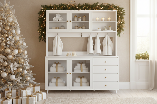 63" Large Kitchen Hutch Cabinet - Freestanding Pantry with 4 Doors, 4 Drawers & Microwave Shelf