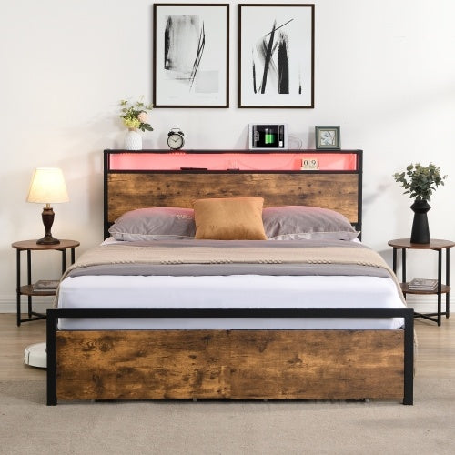 Queen Bed Frame with LED Lights, Storage Drawers & Charging Station - Grey