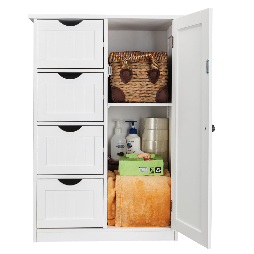 4-Drawer Single Door Bathroom Storage Cabinet - White Floor Standing Cabinet