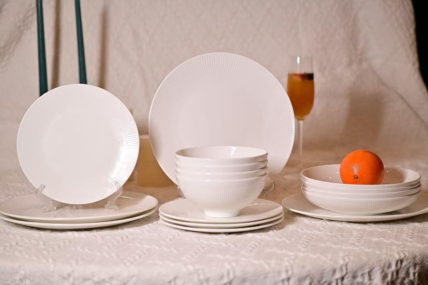 Dandilion Bone China Dinnerware Set - 16 Pieces Service for 4 (Ivory White)