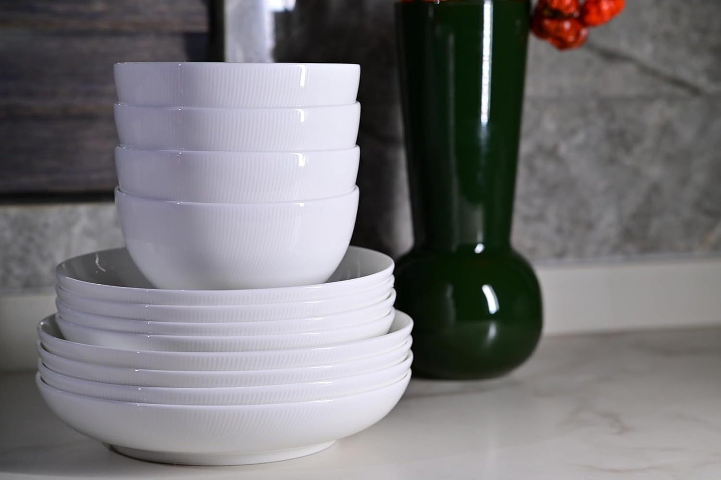 Setaria Bone China Dinnerware Set - 12 Pieces Service for 4 (Ivory White with Narrow Curve Stripe)