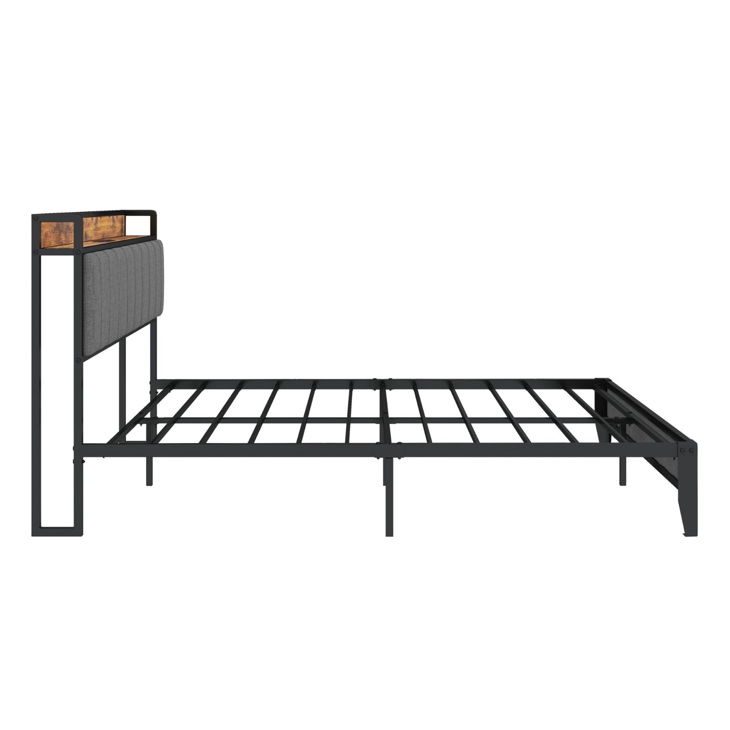 Grey Queen Bed Frame with Charging Station - Upholstered Metal Platform Bed