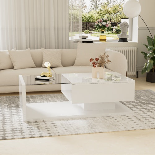 High-Gloss White LED Coffee Table with Glass Top & Ambient Lighting