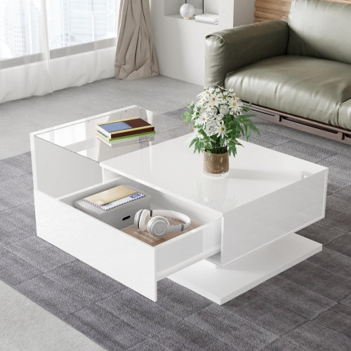 High-Gloss White LED Coffee Table with Glass Top & Ambient Lighting