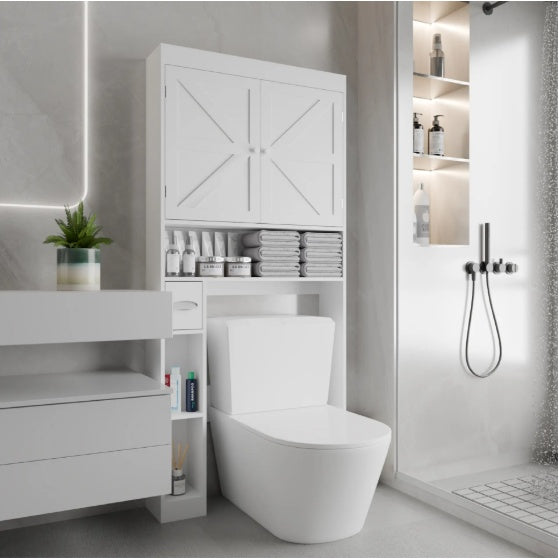 Over The Toilet Storage Cabinet with 2 Doors - Farmhouse Style Space Saving Bathroom Rack