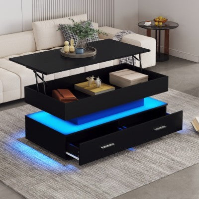 Hydraulic Lift Top Coffee Table with Smart LED Lights & Storage - 100cm Modern Table