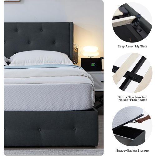 Queen Bed Frame with Lift-Up Storage - Modern Wingback Headboard with USB Ports